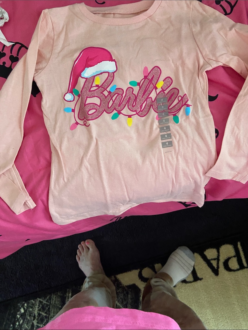Barbie Light Pink Holiday Long Sleeve Shirt with Festive Graphics